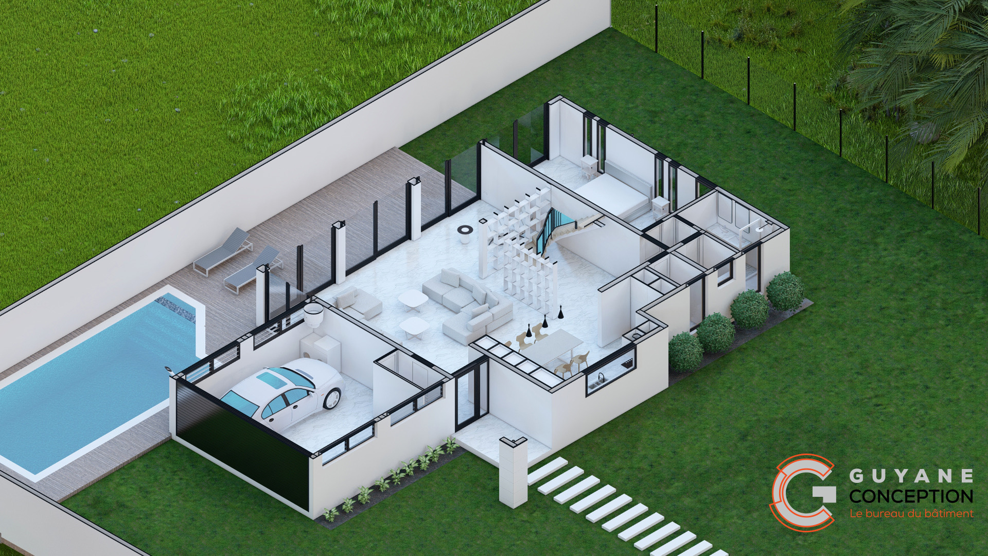 Plan 3D isométrique d'une maison conçue sur-mesure par Guyane Conception
