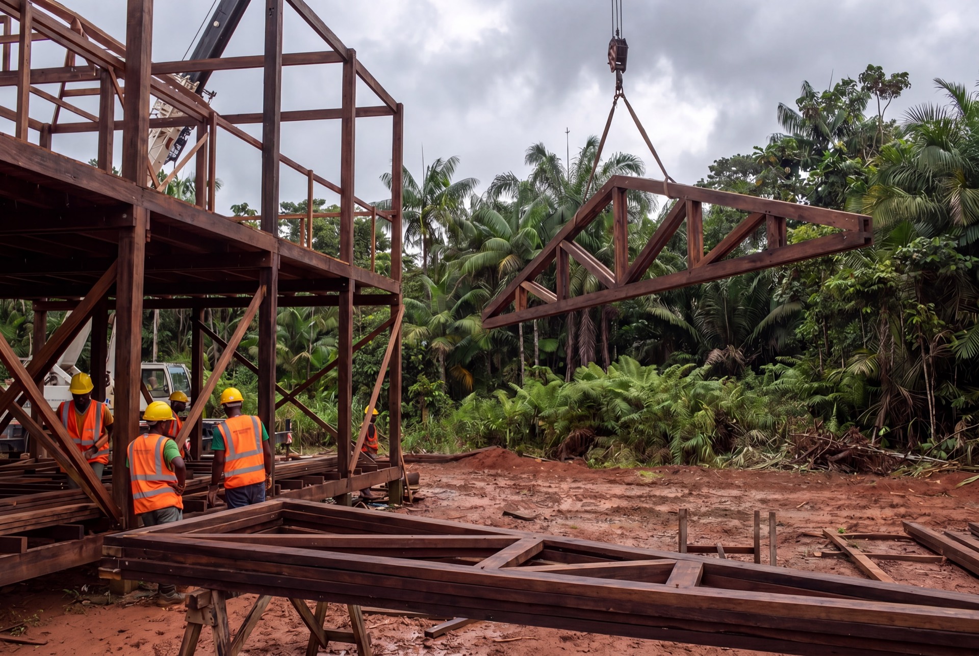 Chantier de construction d'une charpente bois en Guyane