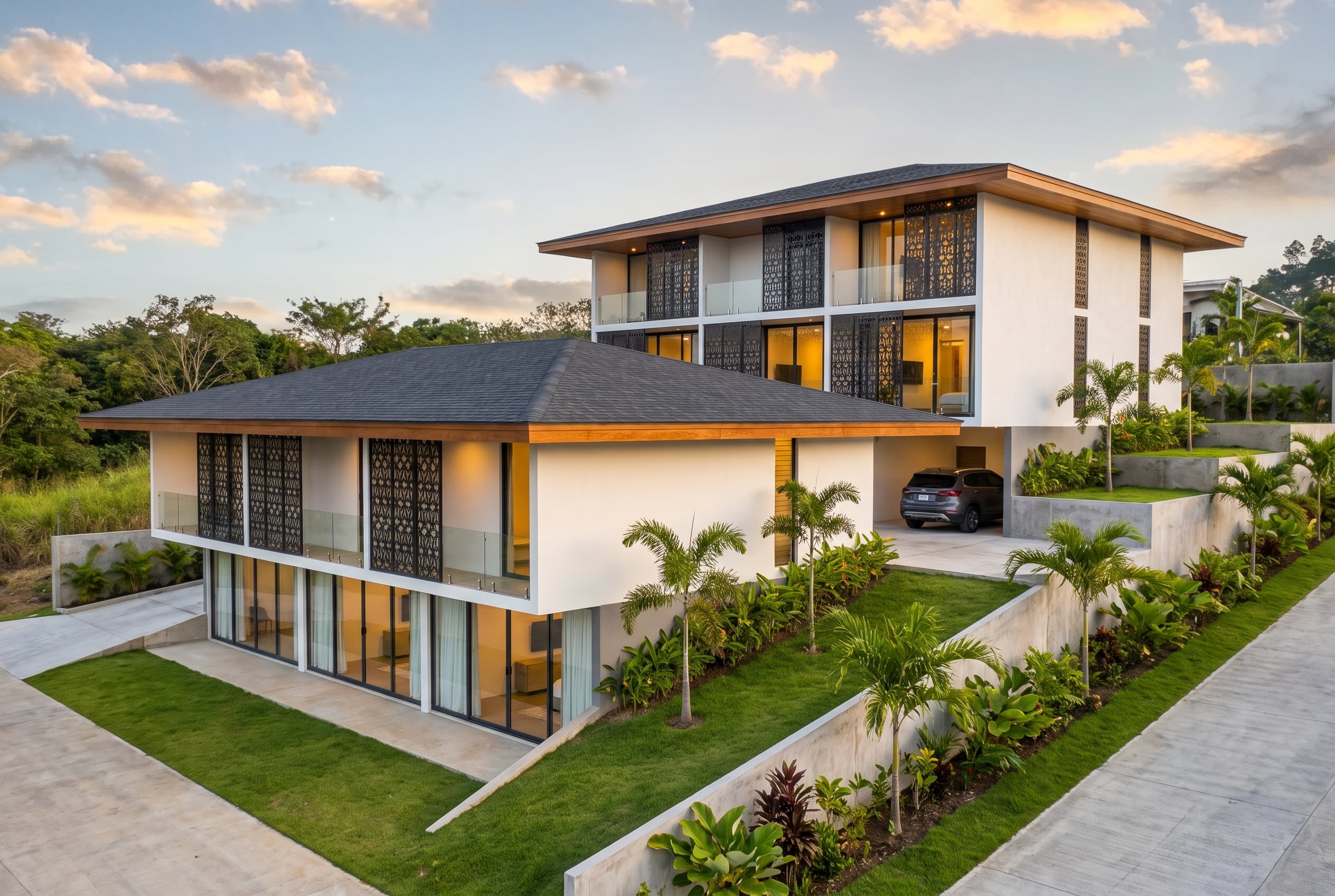 Programme de logements collectifs contemporains sur terrain en pente, façades blanches et brise-soleil ajourés en Guyane