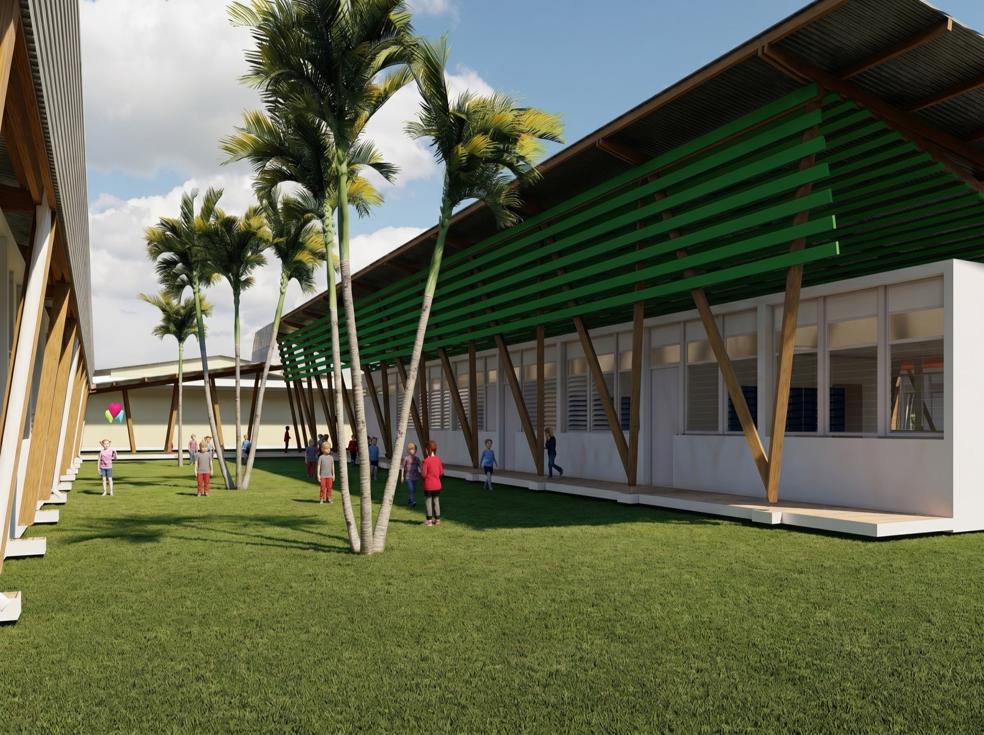 Programme de logements collectifs en ossature bois avec brise-soleil verts et cour plantée