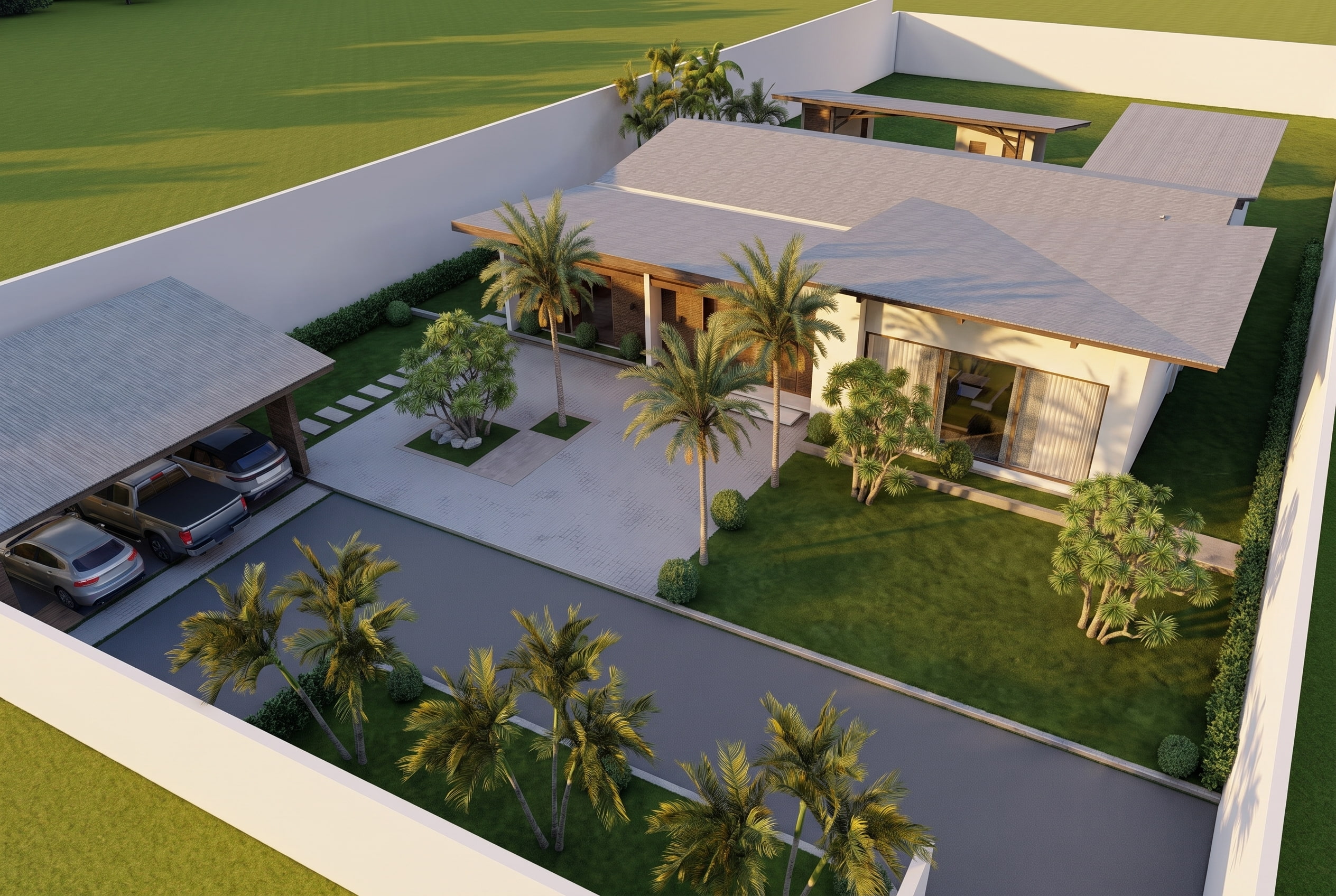 Villa contemporaine de plain-pied vue aérienne, jardin paysager, palmiers et carport, Cayenne