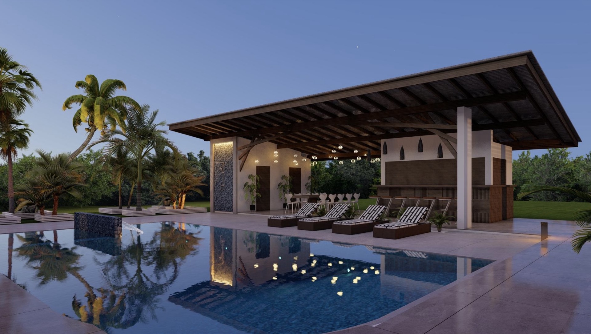 Maison avec piscine, pergola et espace lounge au crépuscule, Saint-Laurent
